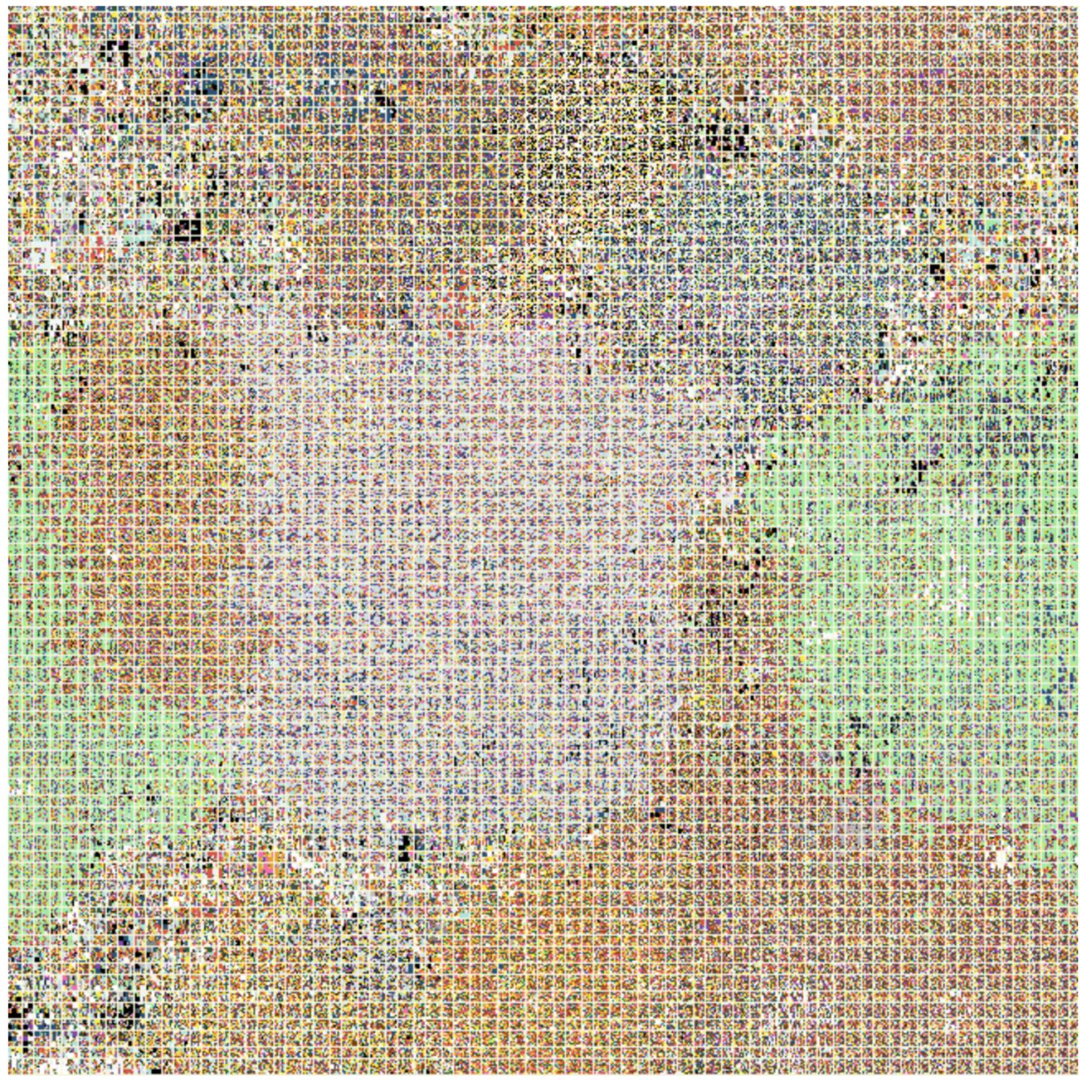 a 100x100 grid, with different cluster of life encroaching on each other